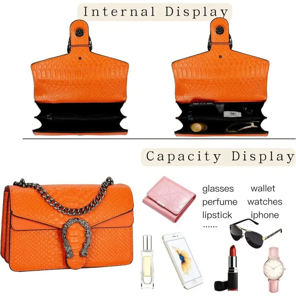 ⚡ Women's Orange Leather Vintage Snake Print Crossbody Square Satchel Handbag